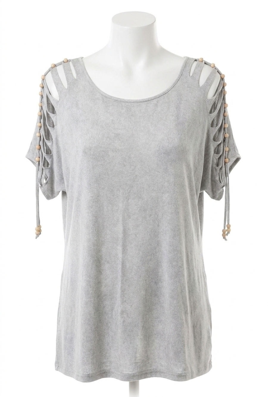 NEW ANGEL stone wash cut out beaded top in slate